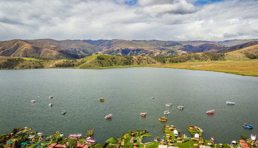 Pequeña ciudad a orillas del mar con algunas montañas y árboles