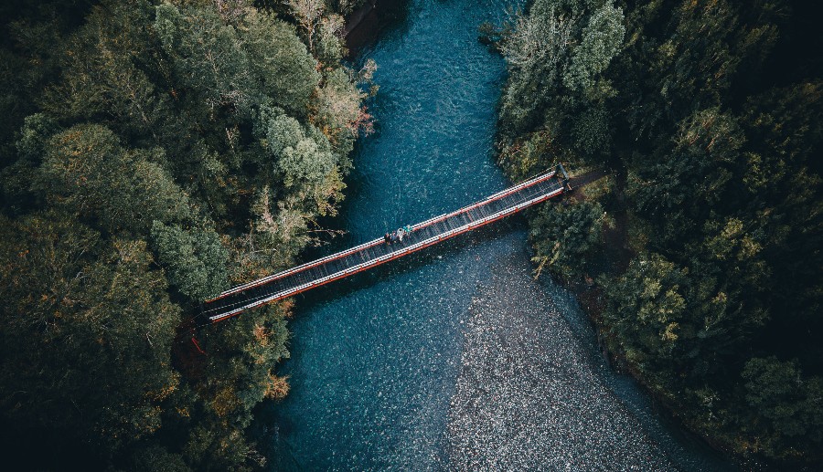 Paisaje de un puente sobre un río con selva a ambos lados